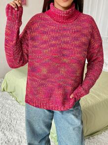 Flirla Plus Space Dye Turtleneck Drop Shoulder Sweater Knit Pullover Fall Winter Outfit