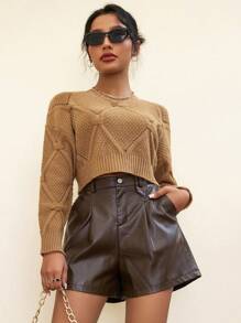 Aveloria Round Neck Solid Color Drop Shoulder Long Sleeve Sweater Knit Pullover Fall Winter Outfit - Khaki - View 3