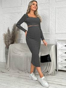 SHEIN 孕妇条纹简约两件套 - 黑與白 - 查看 5