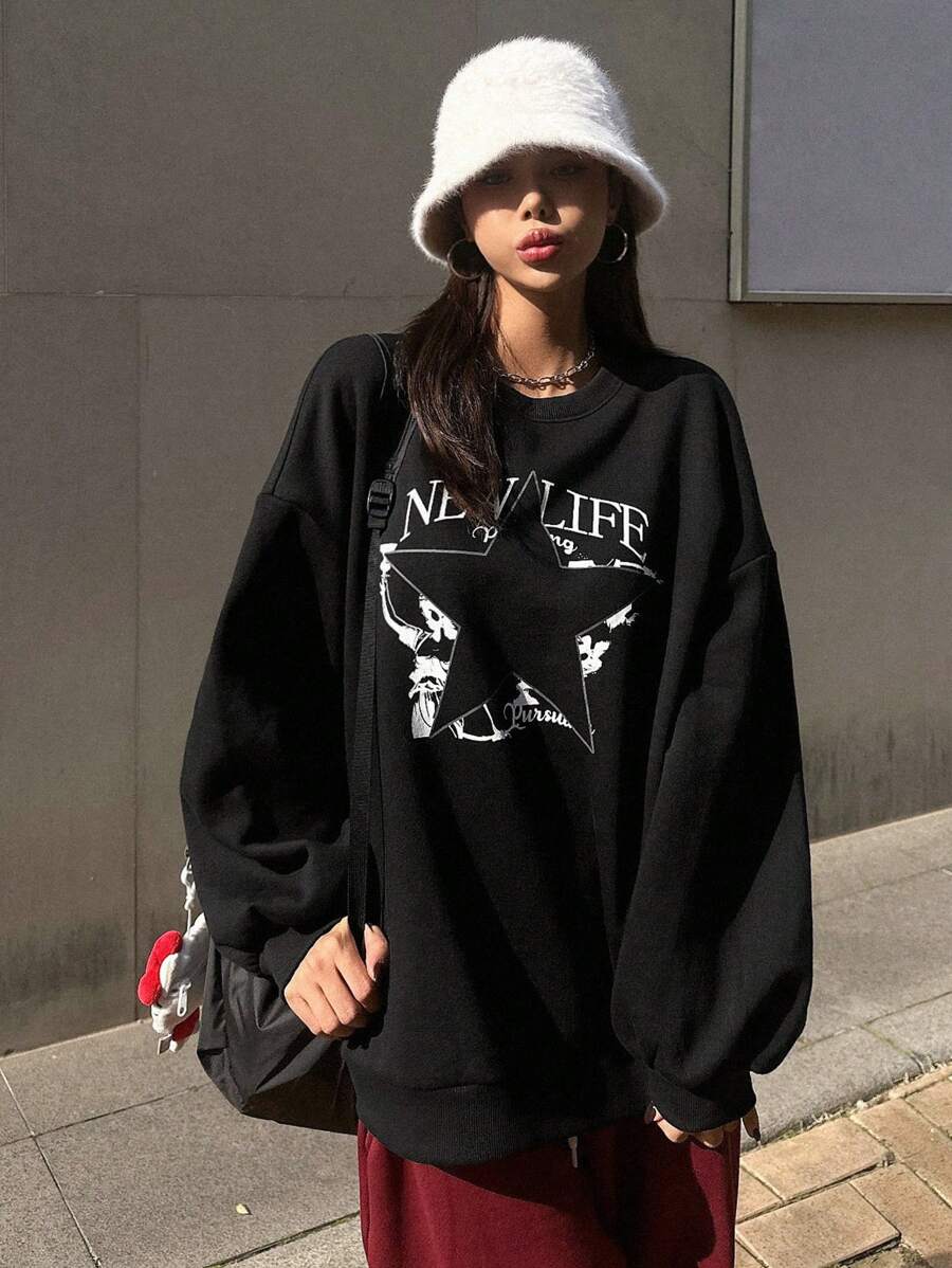 Dazy Star Women's Letter & Star Pattern Drop Shoulder Sweatshirt - Black - View 1