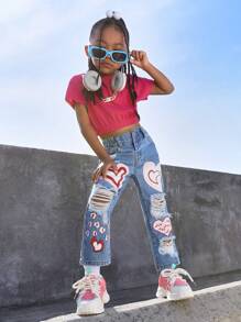 SHEIN Explorewe Young Girl Heart Print Ripped Straight Leg Jeans - Medium Wash - View 6