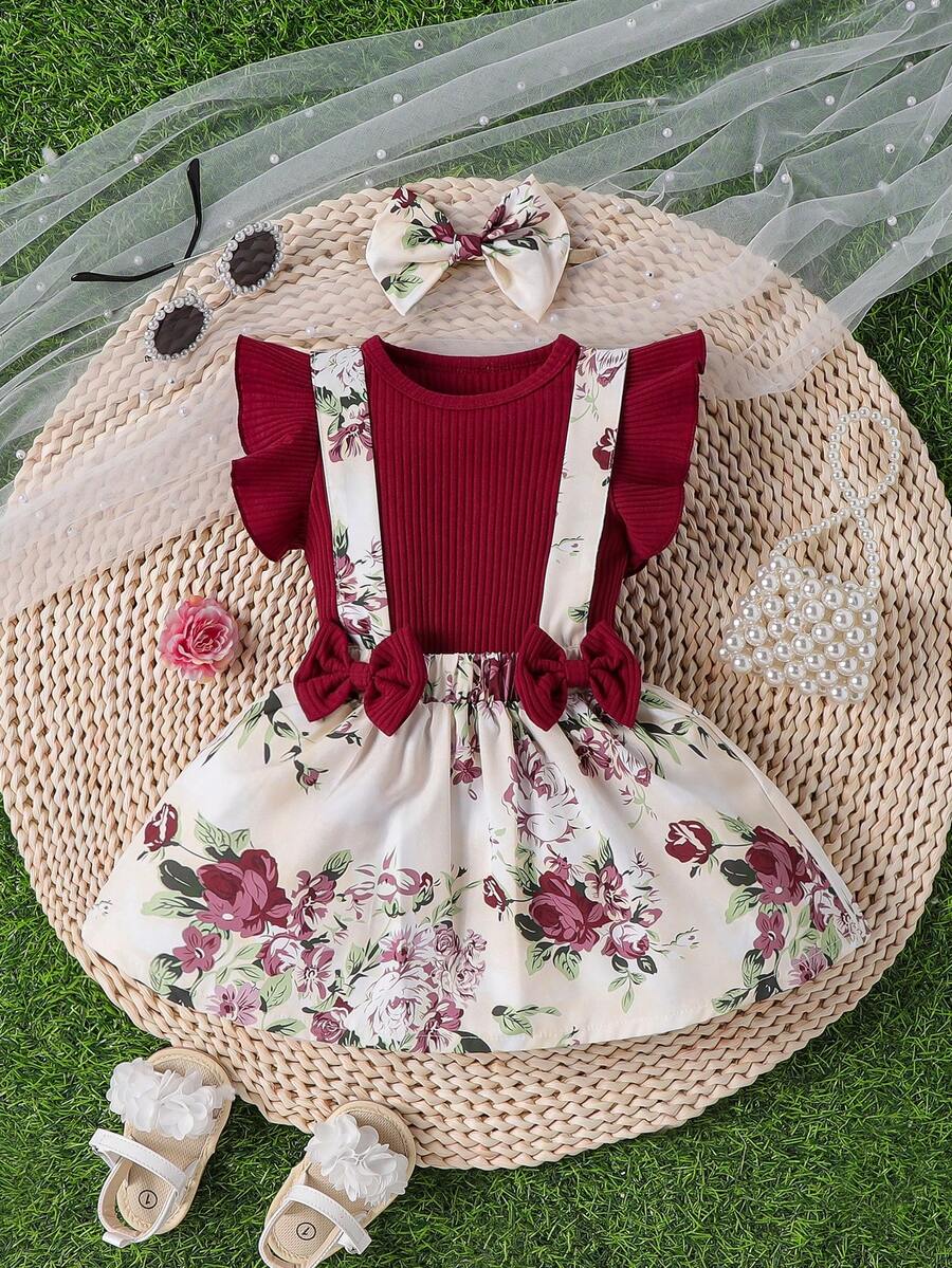 SHEIN 女嬰排扣褶邊上衣配花卉印花蝴蝶結連身裙套裝 - 彩色 - 查看 1