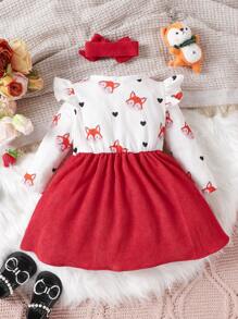 SHEIN 寶寶女孩卡通印花蝴蝶結裙子配頭帶 - 彩色 - 查看 2