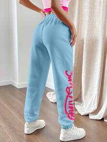 SHEIN EZwear 女式彈性腰口&捲邊褲管的字母印花運動褲 - 淺藍色 - 查看 2