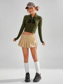 SHEIN EZwear 低腰扣細節百褶裙 - 駝色 - 查看 3