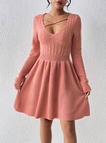 SHEIN LUNE 女款交叉高領毛衣洋裝 - 藕粉色 - 查看 4