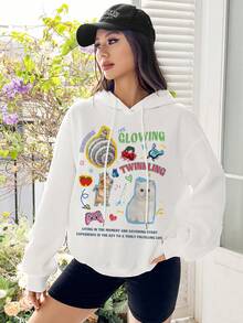 SHEIN Qutie Slogan & Cartoon Graphic Drop Shoulder Drawstring Hoodie - White - View 7