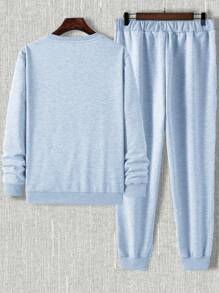 RueChic Men's Letter Printed Sweatshirt And Slanted Pocket Sweatpants Two-piece Set - Baby Blue - View 3