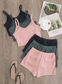3pcs/set Solid Color Camisole Casual Outfit - Multicolor - View 3