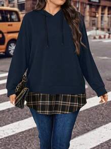 Calvaya Plus Size Patchwork Hoodie With Plaid Hem And Drawstring - Navy Blue - View 1
