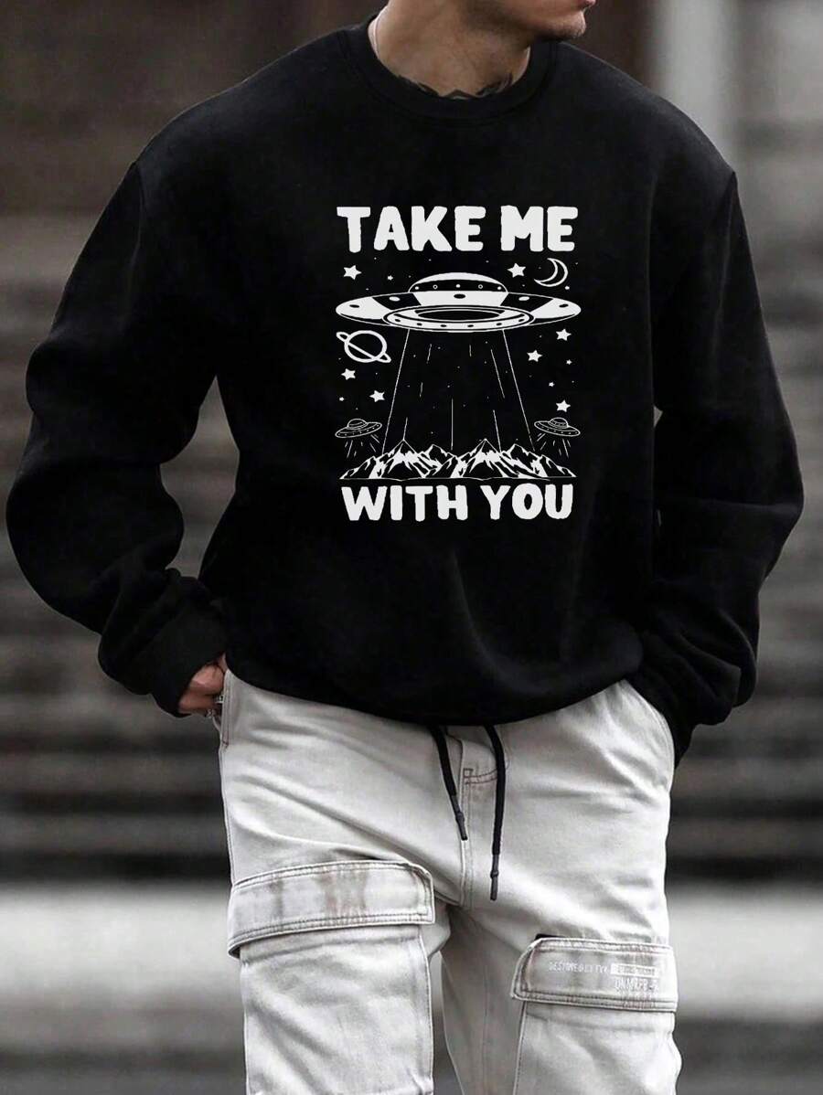 Manfinity Homme Men Plus Long Sleeve Sweatshirt With Letter And Ufo Pattern - Black - View 1