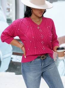 Calvaya 大尺碼珍珠裝飾下墜肩毛衣套頭衫 - 玫紅色 - 查看 7