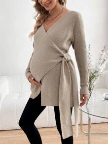 SHEIN Maternity Sweater With Side Tie Design And V-neckline - Khaki - View 1