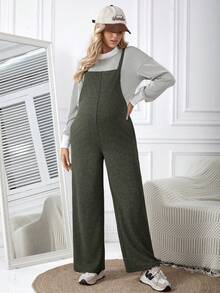 SHEIN 孕婦實色寬腿連身褲,無t卹款式 - 軍綠色 - 查看 4