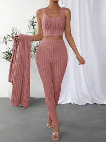 SHEIN Essnce Solid Rib-knit Tank Top & Leggings & Coat - Pink - View 6
