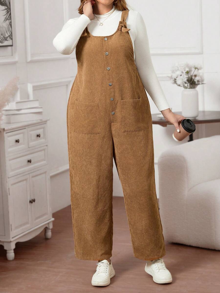 SHEIN LUNE Women's Plus Size Button Detail Bib Overalls With Double Pockets - Brown - View 1