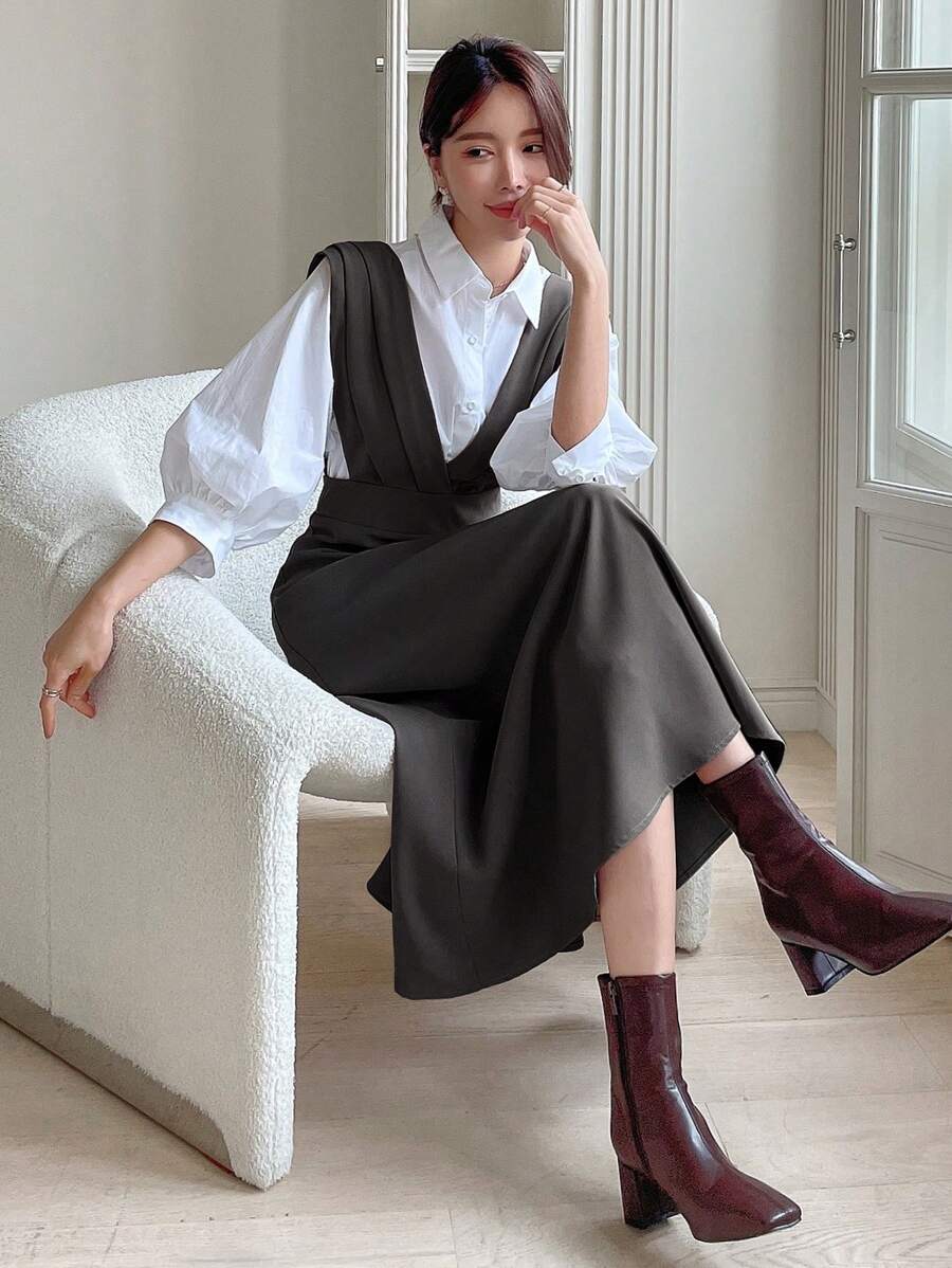 DAZY 女士纯色深V领无袖优雅吊带连衣裙，秋季服装