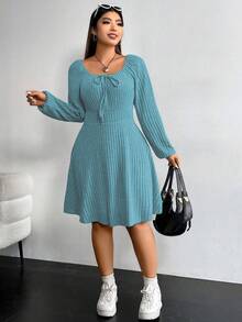 Flirla Kích thước lớn Của phụ nữ Tay áo lồng đèn Sọc Đầm - Màu xanh nhạt - Xem 3