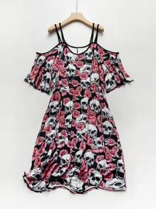 PUNK Hơn Hoa & In Đầu lâu Vai lạnh Đầm - màu đen - Xem 1