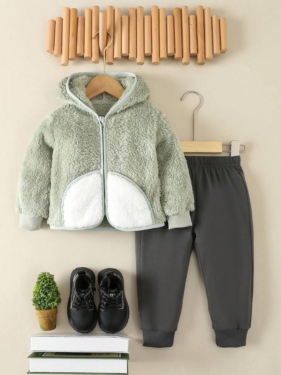 Baby Boys' Color Block 3d Ear Design Hooded Coat With Solid Pants Set - Green - View 1