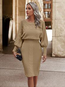 SHEIN Essnce Màu thuần Cổ thuyền Thon gọn Váy len bó sát - Màu Khaki - Xem 7