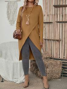 EMERY ROSE Asymmetrical Hem Long Sleeve T-shirt - Brown - View 5