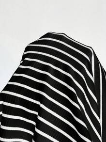 Flirla 女裝加大碼條紋時尚連帽束腰長袖連衣裙 - 黑色 - 查看 8