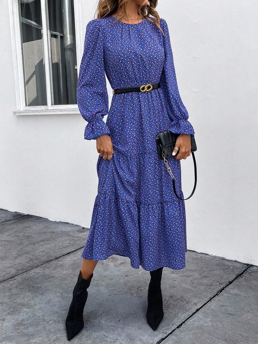 SHEIN Clasi In Toàn bộ tay áo lá sen Xù Hoa Sen Đầm Không có thắt lưng - Màu xanh ngọc - Xem 1