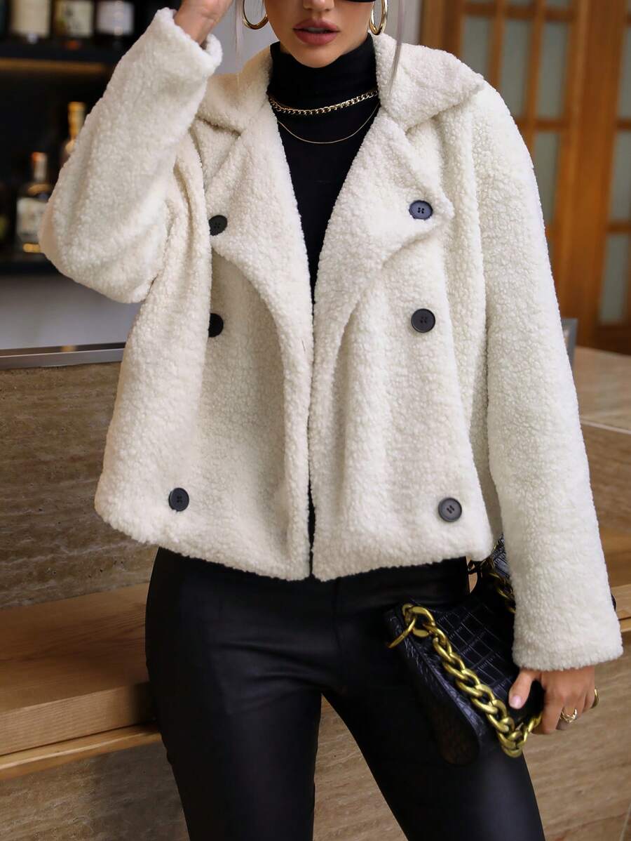 SHEIN Essnce Double Breasted Drop Shoulder Teddy Jacket - Beige - View 1