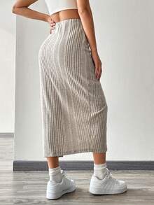 SHEIN EZwear Khaki Knitted Women'S Bodycon Slit Skirt - Khaki - View 2