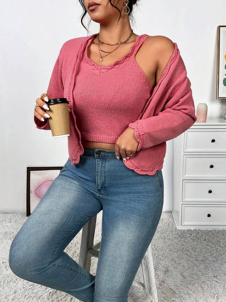 Women's Plus Size Solid Color Shell Hem Tank Top And Cardigan Sweater Set