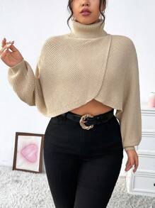 Flirla 大码女式高领不对称下摆套头衫 - 杏色 - 查看 6