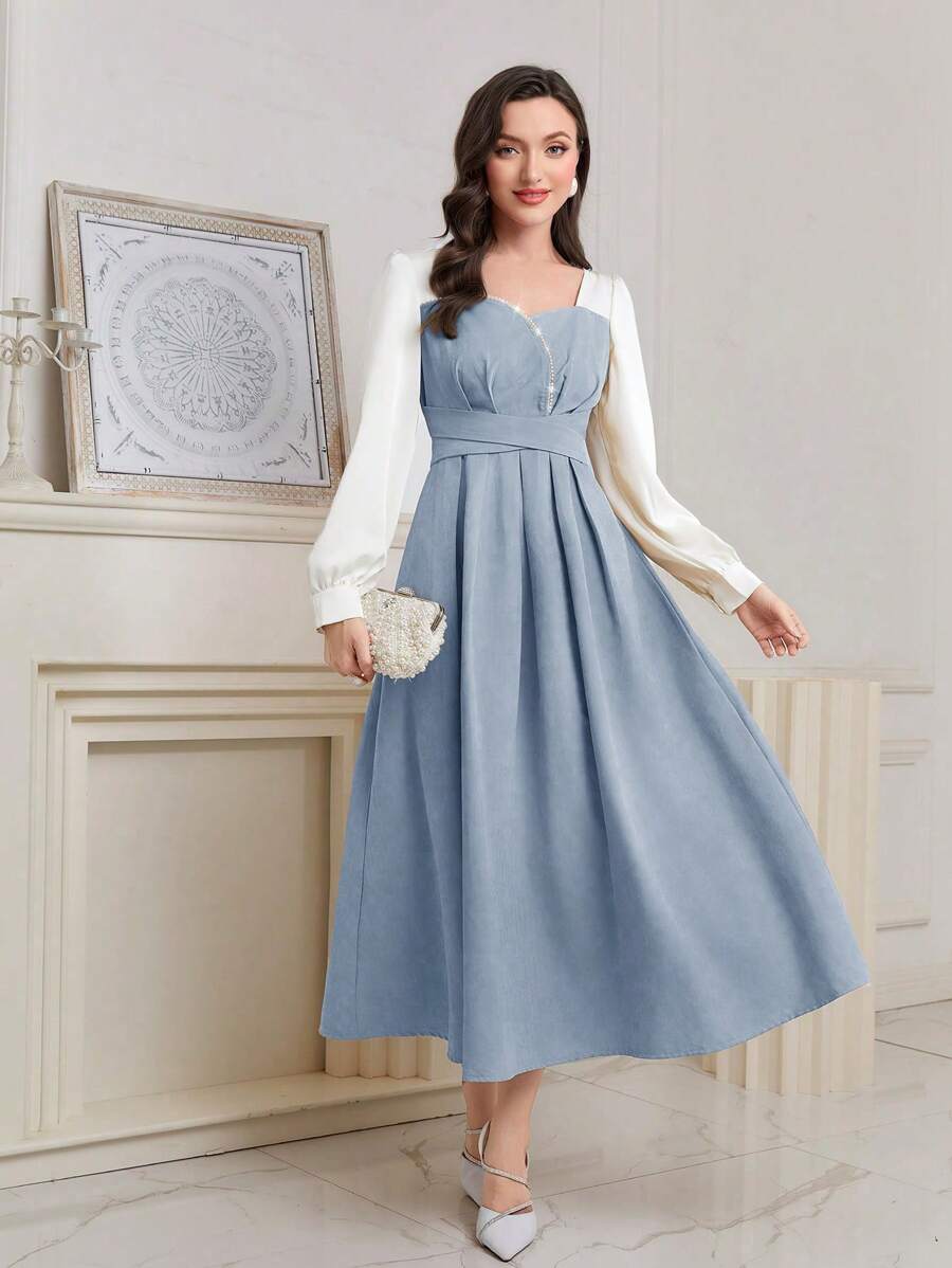 Modelyn Chi tiết ngọc trai nhân tạo Cổ vuông Phụ nữ Đầm - Màu xanh lam - Xem 1