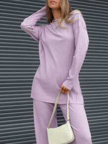 EURMUSE Women's Split Front T-shirt And Pants Two Piece Set - Purple - View 4