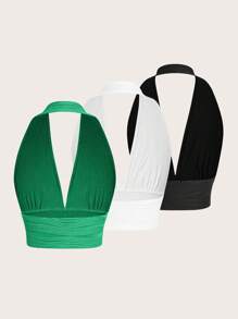 VaVaBold Women's 3 Packs Solid Color Halter Neck Crop Top - Multicolor - View 2