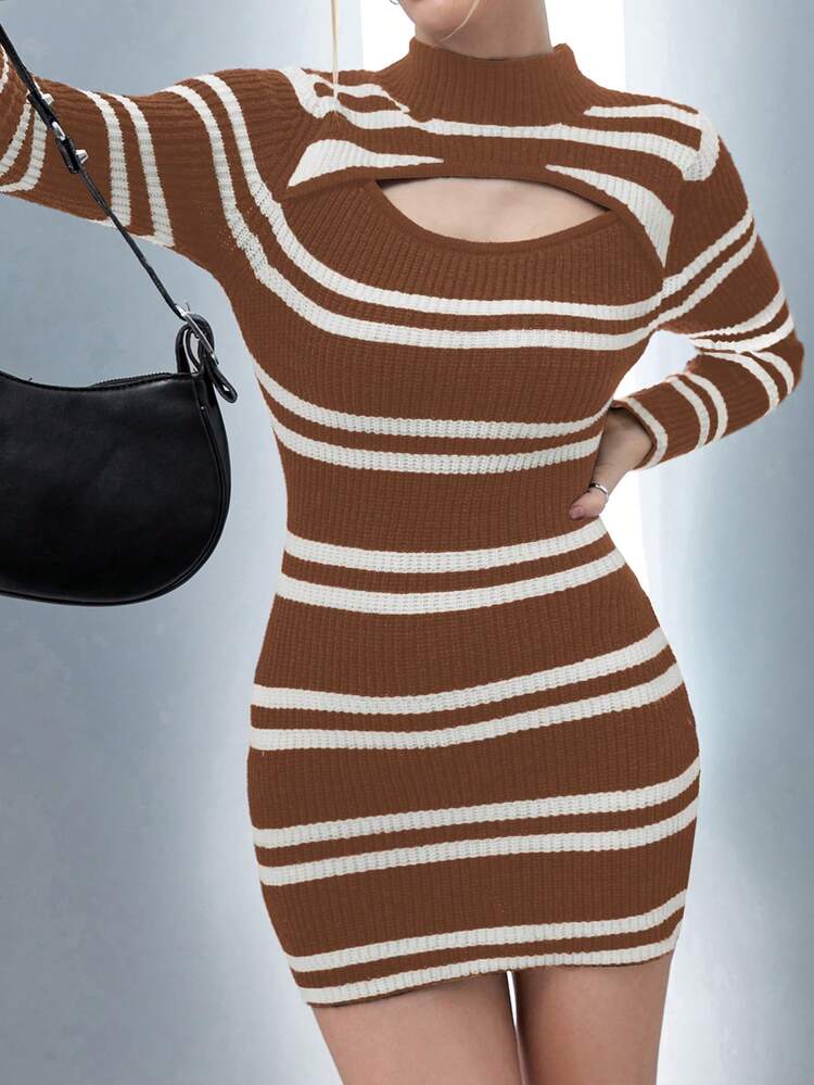 Women's Striped Hollow Out Casual Sweater Dress Fall Cloth For Women