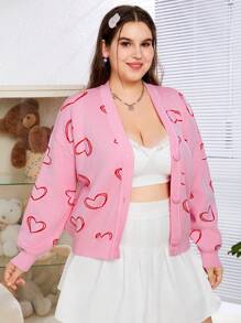 SHEIN EZwear Cárdigan De Talla Grande Con Patrón De Corazón Y Hombros Caídos - Multicolor - Ver 5