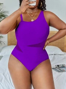 Slaydiva Summer Beach Plus Contrast Mesh Asymmetrical Neck One Piece Swimsuit - Violet Purple - View 1