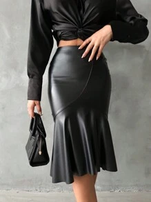 EURMUSE Women's Pu Leather Mermaid Hem Skirt - Black - View 1