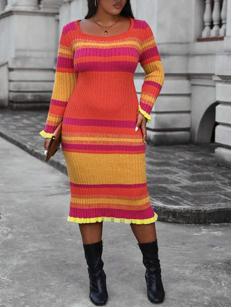 Plus Size Striped Colorblock Sweater Dress Fall Cloth For Women