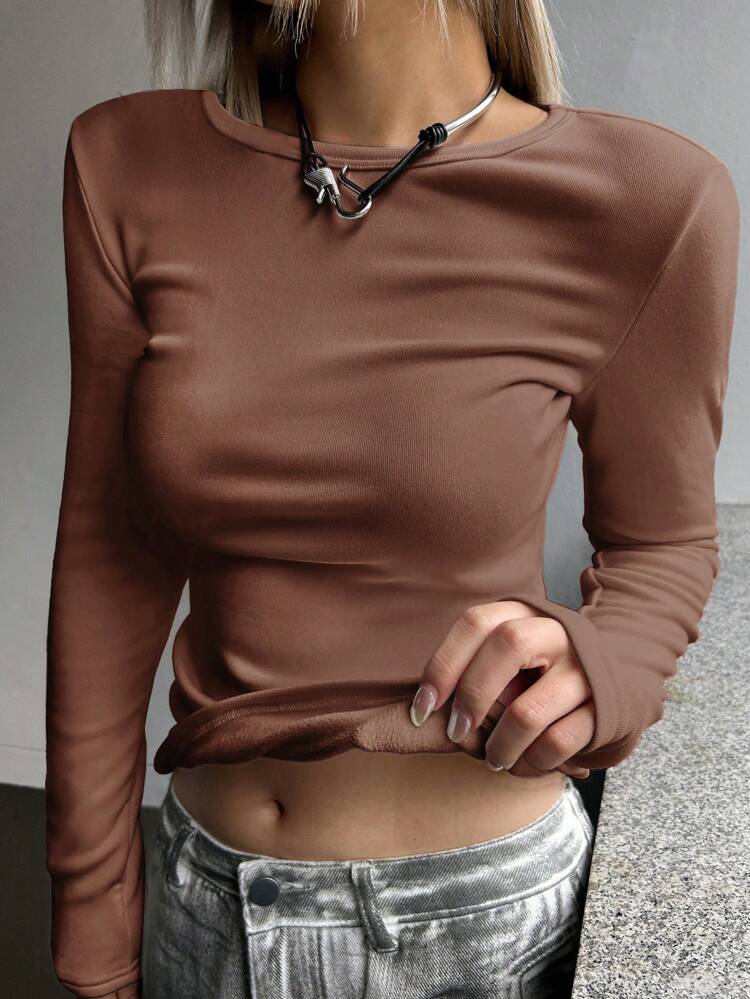 Women's Solid Color Thermal Lined T-Shirt Long Sleeve Women Tops, Thermal Lined
