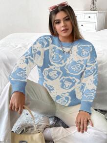Flirla Women's Round Neck Design Blue Cartoon Bear Print Pullover Sweater