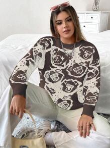 Flirla 女士加大码圆领卡通熊图案套头毛衣，独特设计，棕色针织套头衫，秋冬款 - 紫紅色 - 查看 6