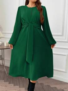 SHEIN Unity 大尺碼女式圓領扭褶燈籠袖連身裙 - 墨綠色 - 查看 3