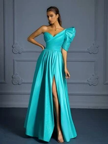 Abito lungo elegante da donna con scollo asimmetrico e ampia gonna a campana, con dettagli plissettati e avvolgenti, perfetto per occasioni formali - Verde - Visualizzare 6