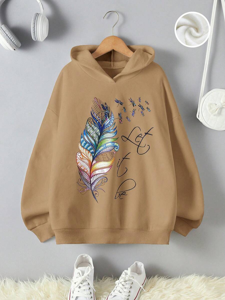 RueChic Tween Girls' Feather & Letter Print Hooded Drop Shoulder Sweatshirt - Camel - View 1