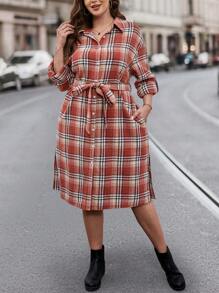 SHEIN LUNE 大尺碼女裝格紋束帶襯衫連身裙 - 彩色 - 查看 1