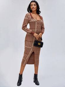 ELPIDA Designer Karomuster Spaltafront figurbetont elegantes Pullover-Kleid Outfit, geeignet für Feiertage, Partys, Geburtstage, Festivals, Hochzeiten, Abschlussbälle - Rot - Übersicht 4