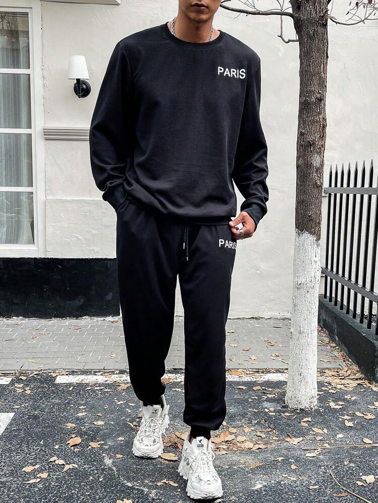 Men Plus Black Letter Print Sweatshirt And Sports Pants 2pcs/Set