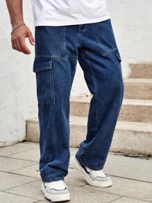 Manfinity LEGND Men's Loose Straight Leg Jeans With Multiple Pockets - Medium Wash - View 6